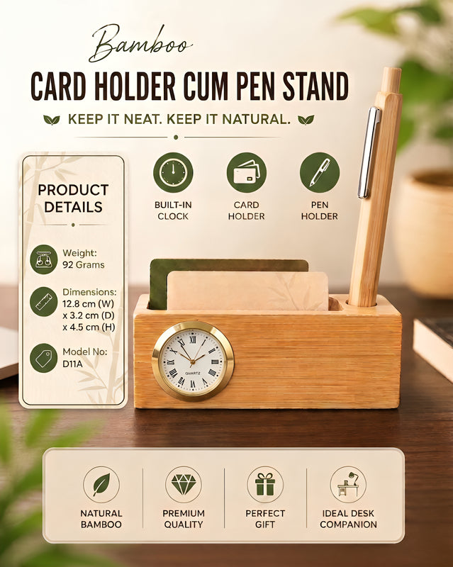 D11A - Bamboo Card Holder Cum Pen stand with Watch