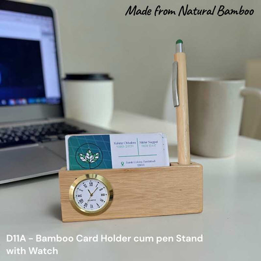 D11A - Bamboo Card Holder Cum Pen stand with Watch