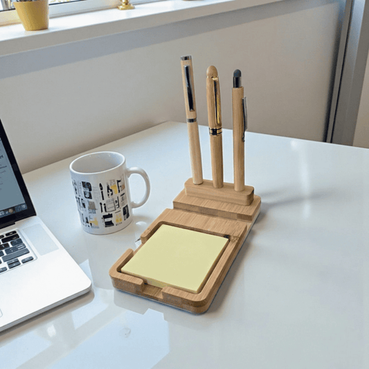 D27A - 3 in 1 Bamboo Desk Organizer with Sticky Pad with 2 Bamboo Coasters