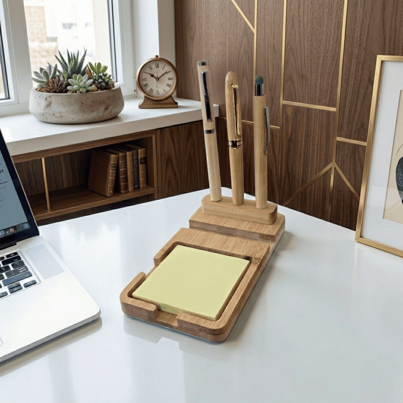 D27A - 3 in 1 Bamboo Desk Organizer with Sticky Pad